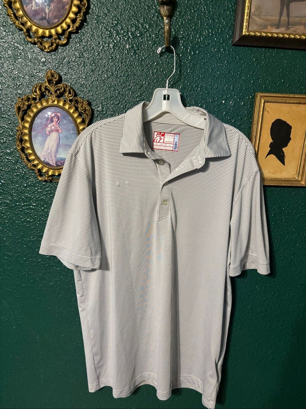 Chick-fil-A Oobe Polo Shirt Mens Medium Gray White Striped Golf Casual